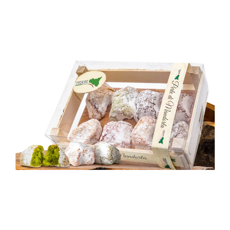 Confezione di cassetta di legno con paste di mandorle gusti assortiti